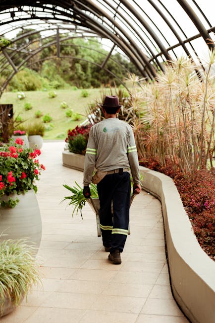 A picturesque view of the RHS Garden Wisley in Surrey, showcasing neatly arranged flower beds with vibrant red, white, and purple blossoms. The garden features a well-maintained grassy pathway bordere